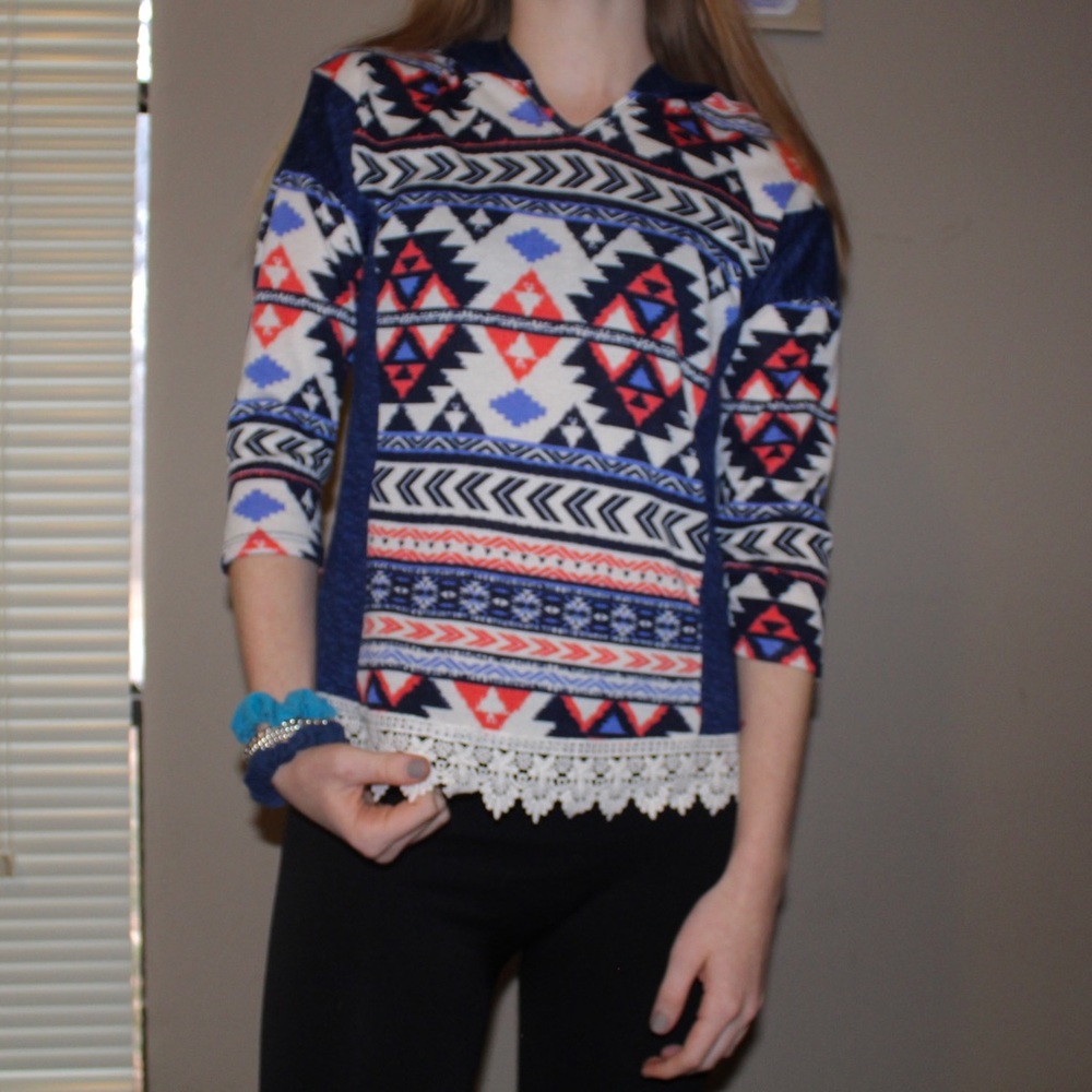 girls large tribal crochet hooded baseball tee